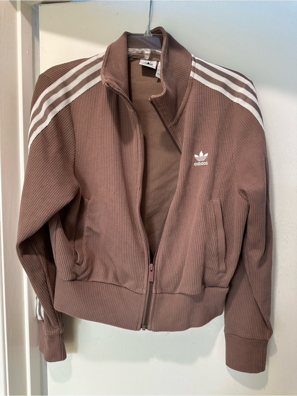 adidas Women's Ribbed Bomber Jacket in Mauve with White Stripes